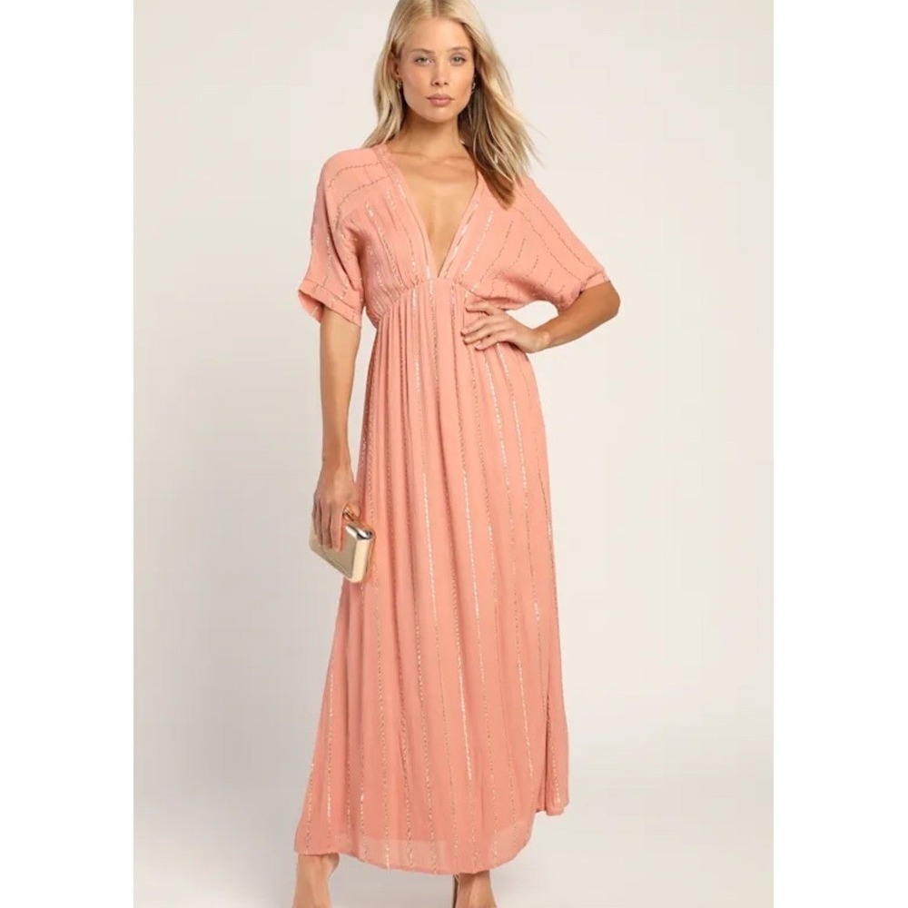 Lulus Women Goddess Vibes Rusty Rose Gold Striped Dolman Sleeve Maxi Dress small